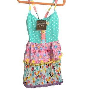 Matilda Jane Clothing Kids Girls Aqua Polka Dot Panda Pinwheel Tiered Dress SZ 8